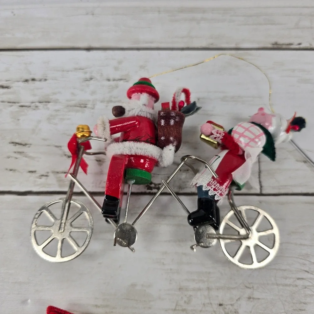 Vintage Christmas Ornaments Lot Santa Tandem Bicycle Sequined Felt Mouse Retro